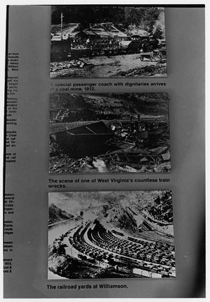 Coal mining exhibit panel, images of trains in mine yards, 1982