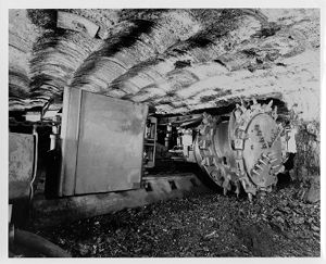 Longwall mining machine in Barnes and Tucker's Lancashire No. 24 Mine in Barnesboro, Pennsylvania, 1968