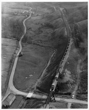 Train leaving Blacksville mine in West Virginia en route to Michigan, circa 1950s
