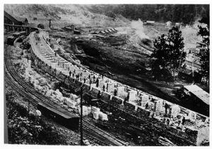 Coal mining exhibit panel, photograph of aerial view of mining works, 1982