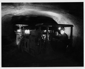 Experimental space illuminating system installed on a roof bolting machine in Consolidation Coal Company Northern West Virginia mine, circa 1960s