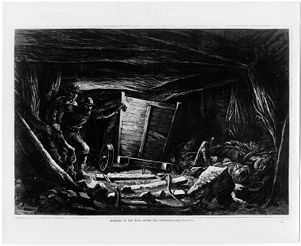 Artistic drawing of coal mine after an explosion, circa 1880s