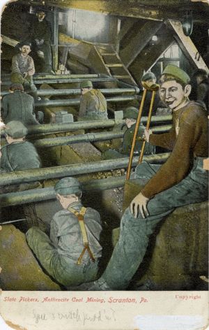 Illustration of young boys as slate pickers for anthracite coal mining in Scranton, Pennsylvania, circa 1920s