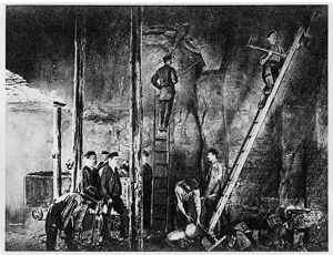 Room, or board and pillar work in high coal seam in Silesia, Germany, circa 1900s