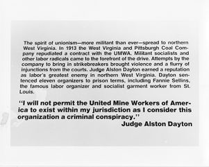 Coal mining exhibit panel, Judge Alston Dayton quote, 1982
