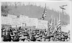 United Mine Workers of America rally with sign supports Townsend, circa 1920s