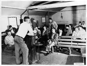 Local United Mine Workers of America meeting in the Pentecostal Church of God building of the Clover Gap Mine community of PV and K Coal Company in Lejunior, Kentucky, 1946