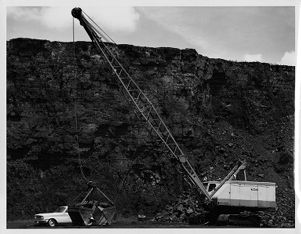 Dragline with clamshell bucket at Black Hills Power and Light Company's Wyodak mine in Campbell County, Wyoming, circa 1960s