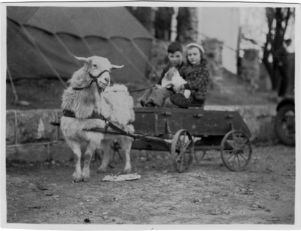 Coal miner's children in wagon near relief office and cook tent in Coal Creek, Tennessee, circa 1930s