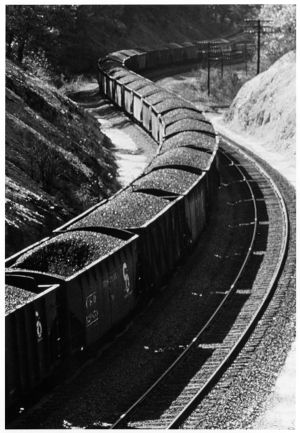 Loaded cars traveling from the coal mine to the electric utilities, 1966