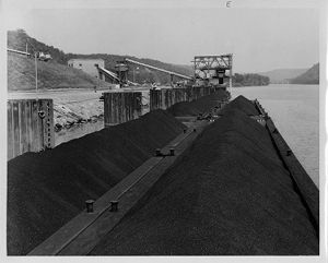 Coal being loaded onto barges on the Monongahela River in West Virginia, circa 1960s