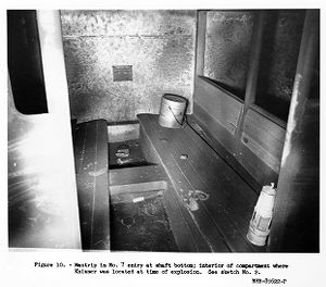 Mantrip in No. 7 entry at shaft bottom, interior of compartment where Knizner was located at time of explosion, 1957-09-23