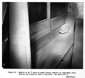 Mantrip in No. 7 entry at shaft bottom, interior of compartment where Majesky was located at time of explosion, 1957-09-23