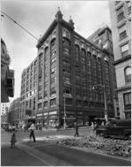 Forsyth Building, corner of Luckie and Forsyth Streets; sign for the Ship-A-Hoy Restaurant (95 Luckie Street) on left, Atlanta, Georgia, late 1940s or early 1950s.