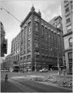 Forsyth Building, corner of Luckie and Forsyth Streets; sign for the Ship-A-Hoy Restaurant (95 Luckie Street) on left, Atlanta, Georgia, late 1940s or early 1950s.