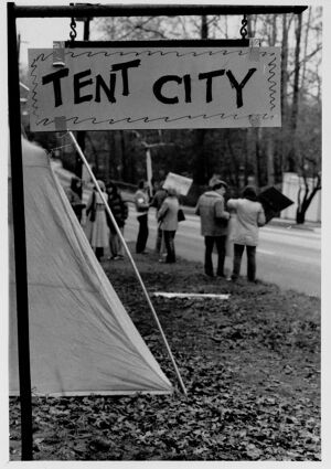 A tent city that was erected to protest the Presidential Parkway, undated