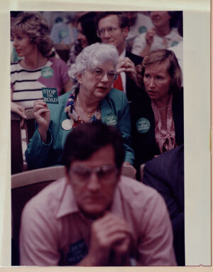 Elsie Gore and Dan Connolly sit in on a city coucil meeting regarding the Presidential Parkway land transfer, undated
