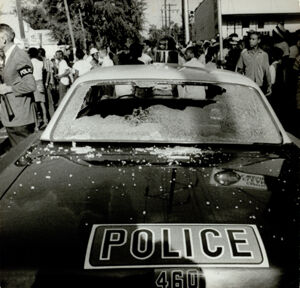 Atlanta Race Relations, Smashed Windshield of Patrol Car after Riot on Capitol Avenue, September 7, 1966