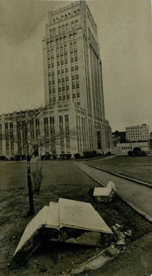 Atlanta City Hall, Monument to Father Thomas O'Reilly Toppled in Front of City Hall, February 8, 1971