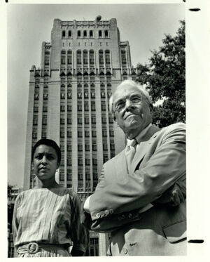 Atlanta City Hall, Mayor Ivan Allen Jr. and Director of City Hall Annex Project in Front of North Tower, August 5, 1987