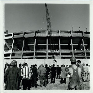 Crowd Gathers Outside of Atlanta Fulton County Stadium to Watch the Construction