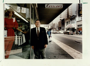 Jerry Kessler in front of his store, Kessler's, on Broad Street, August 26, 1993
