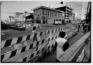 Construction barricades redirect pedestrian traffic as construction continues at the corner of Broad Street and Martin Luther King Jr. Drive, May 25, 1978