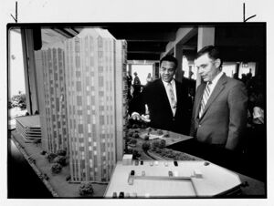 Mayor Andrew Young and Julian LeCraw Sr. discuss plans for the Concorde in Buckhead, June 20, 1986