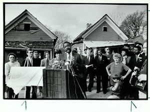 Walter Huntley speaks during a ceremony in Cabbagetown, December 17, 1988
