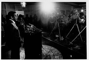 Mayor Andrew Young holds press conference to announce Piggyback project, undated