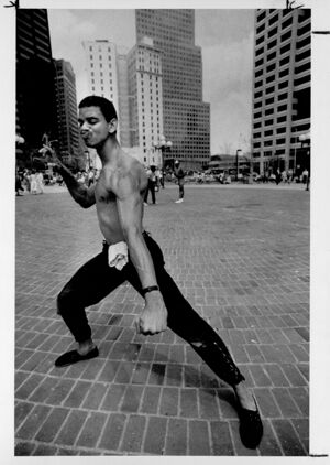 Richard Reynolds practices self-defense techniques in Woodruff Park, April 4, 1986
