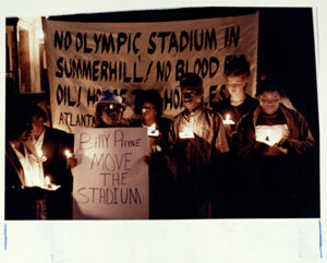 Protesters outside Olympics chief BIlly Payne's house, July 20, 1991
