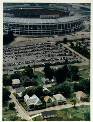 Aerial view of the Fulton County Stadium and parking lot, undated