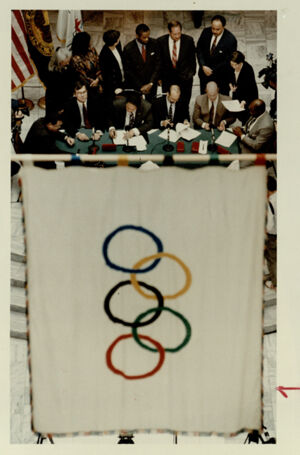 Fulton County, the Braves, and the Olympics committees sign the agreement to construct the Olympic Stadium, March 16, 1993