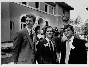 Tom Muirheid, Tom Wright, and Dan Metzler stand in front of the Heinz Mansion, soon to be the Lullwater Estate, September 30, 1982