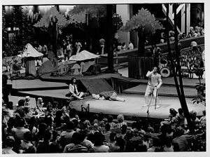 A theater group performing "Alice's Adventures in Wonderland" inside the Omni International Complex, September 14, 1980