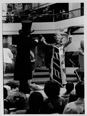 A theater group performing "Alice's Adventures in Wonderland" inside the Omni International Complex, September 14, 1980