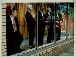 Joe Lester waiting for customers at Stefan's Vintage Clothing, January 14, 1993