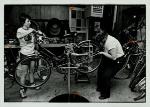 Barbara Harvey and Jeames James inside their store, Dancers' Bicycles, September 19, 1980