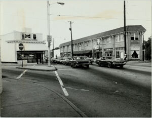 A view of the Point Center complex (right) in Little Five Points, August 22, 1977