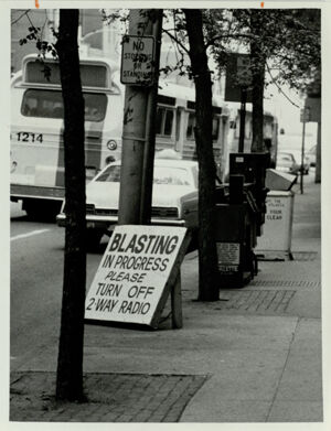 A sign indicating blasting for MARTA on Peachtree Street, September 17, 1978
