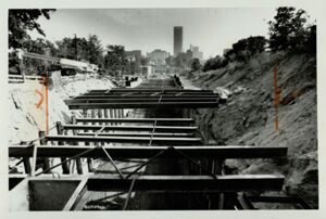 MARTA construction with a view of Downtown Atlanta in background, September 25, 1981
