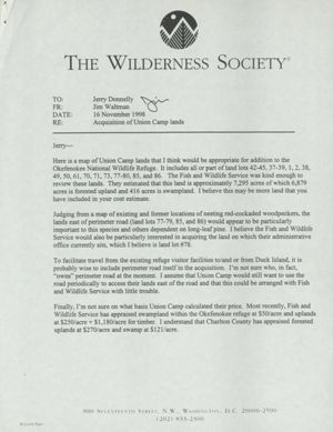 Okefenokee-DuPont Titanium mining: The Wilderness Society: Acquisition of Union Camp Lands, November 19, 1998