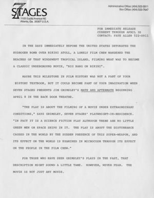 Press packet for Jim Grimsley's "Math and Aftermath," performances at 7 Stages Theatre, Atlanta, Georgia, April 8 - May 15, 1988 (8 pages)