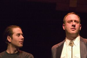 Pierre Brulatour (left) and Daniel Pettrow in Murray Mednick's "Skinwalkers" at 7 Stages Theatre, Atlanta, Georgia, January 27 - February 20, 2005.