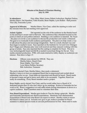 7 Stages Theatre. Board of Directors. Minutes of meeting, July 13, 1999. (3 leaves, plus agenda)