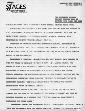 Press packet for "Bananaland: A Central American Theme Park," advertising the performance art piece and multi-media event at 7 Stages Theatre, Atlanta, Georgia, July 7 - 24, 1988.