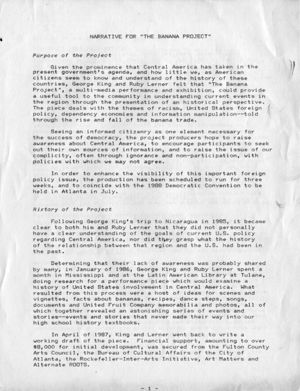 Narrative for "Bananaland: A Central American Theme Park," performance art piece and multi-media event at 7 Stages Theatre, Atlanta, Georgia, July 7 - 24, 1988.