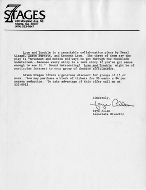 Press packet for "Love and Trouble," a collaboration piece by Pearl Cleage, Zaron Burnett, and Kenneth Leon, 7 Stages Theatre, Atlanta, Georgia, January 16 - February 1, 1987. (3 pages)