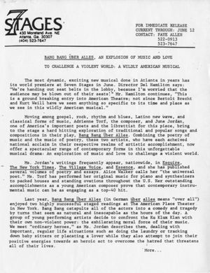 Press packet for the anti-Ku-Klux Klan musical "Bang Bang über Alles," libretto by June Jordan, music by Adrienne B. Torf, 7 Stages Theatre, Atlanta, Georgia, June 1986. (12 pages)